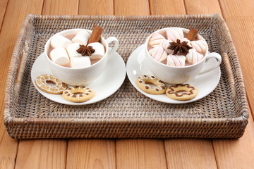 Cups of hot chocolate with marshmallows