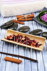 Composition with needles for acupuncture, close up.