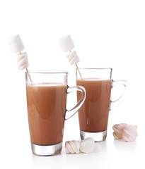 Hot chocolate with marshmallows, isolated on white