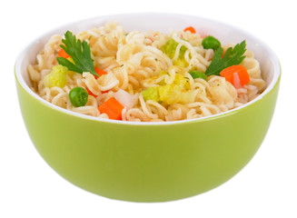 Tasty instant noodles with vegetables in bowl isolated on white