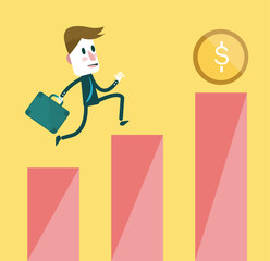 Businessman jumping to top growth chart of profits.