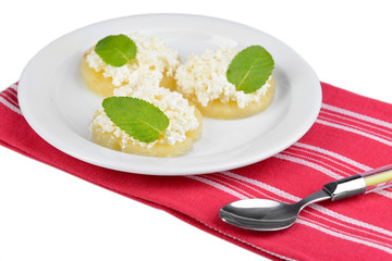Tasty pineapple with cottage cheese, isolated on white