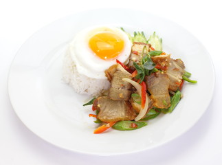 Basil fried rice with pork in white dish