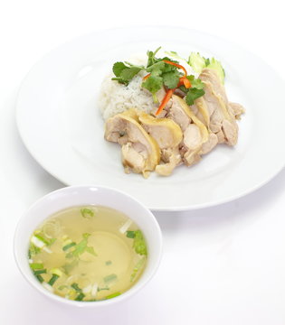 Steam Chicken with Rice and soup (Hainan Chicken)