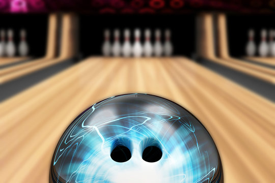 Bowling Ball Is Rolling On Wooden Lane. Focus On Bowling Ball