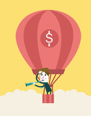 Businessman in a hot air balloon looking with a telescope.