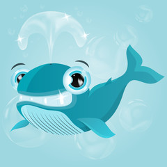 Funny smiling whale on  background of bubbles