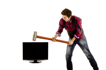 man with sledgehammer breaking a tv lcd