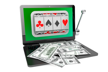 Slot machine inside laptop with dollars