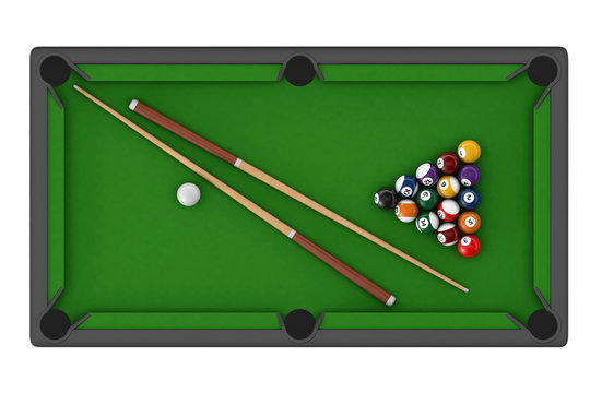Billiard table with balls set and cues