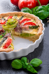 green asparagi Tart with eggs and tomato