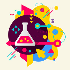 Laboratory flask on abstract colorful spotted background with di