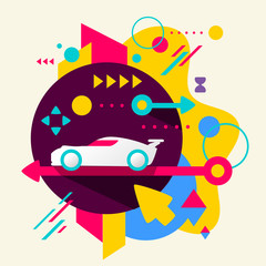 Sports car on abstract colorful spotted background with differen