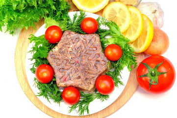 Aspic from meat with lemon, mustard and fresh vegetables