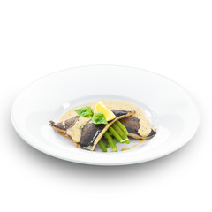 Delicious trout fish fillet grilled. Isolated on white