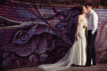 Happy bride and groom at the wedding walk