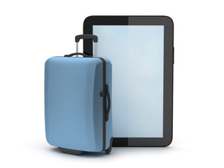 Tablet computer and suitcase on white background