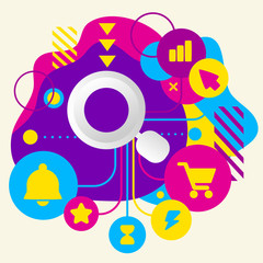 Magnifier on abstract colorful spotted background with different