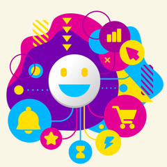 Smile on abstract colorful spotted background with different ico