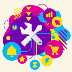 Tools screwdriver and wrench on abstract colorful spotted backgr