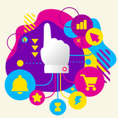 Forefinger shows at abstract colorful spotted background with di