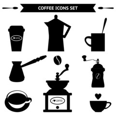 Black coffee silhouettes on white background
