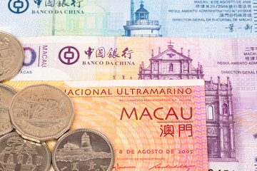 Macau pataca money banknote close-up with coins