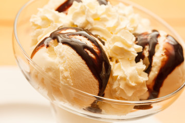 ice cream with chocolate syrup