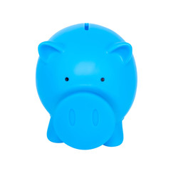 Blue piggy bank on white background