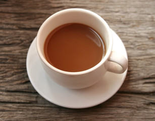 coffee in a white cup on wooden