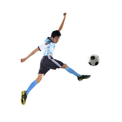 Football player kicking ball isolated