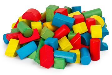 Toy blocks, multicolor wooden building bricks heap