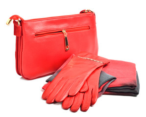Stylish woman red  bag, gloves and a scarf