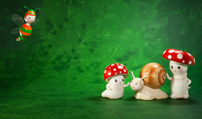 cute puppets handmade, green background
