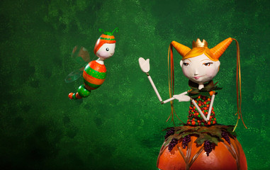 cute puppets handmade, green background