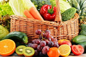 Wicker basket with groceries. Balanced diet © monticellllo