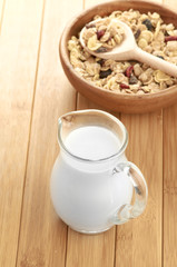 Delicious and healthy cereal in bowl with milk