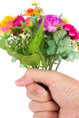 isolated bouquet of fake flower is give to rose colorful with ha