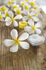 frangipani flowers with salt in bowl and driftwood texture