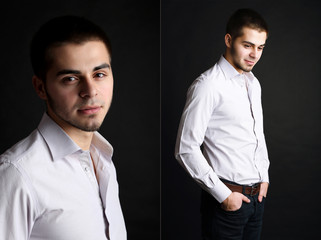 Snapshot of model. Handsome man on black background