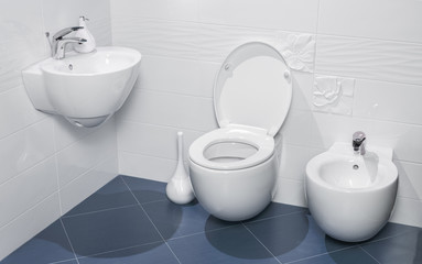 detail of a luxurious bathroom with sink, toilet and bidet