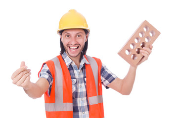 Builder with clay bricks isolated on white
