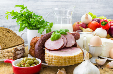 composition variety grocery products meat dairy