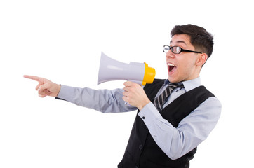 Fototapeta premium Funny man with loudspeaker on white