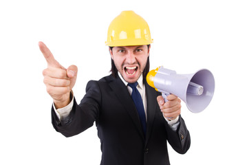 Fototapeta premium Man with helmet and loudspeaker on white