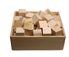 Box of wooden bricks isolated