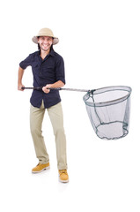Funny guy with catching net on white