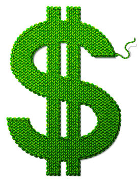 Dollar symbol of knitted fabric isolated on white background