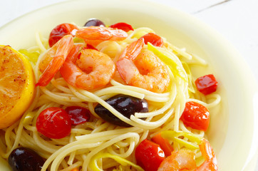 Seafood spaghetti pasta dish with shrimps