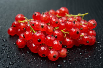 red currant with drops of water on black background